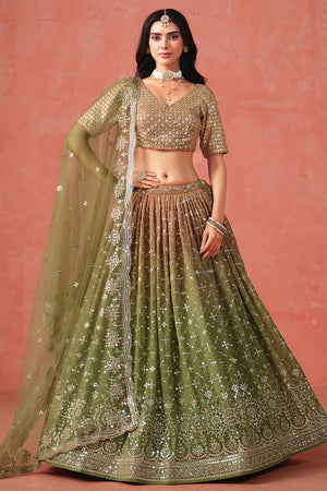 Brown Floral Sequin Georgette Lehenga