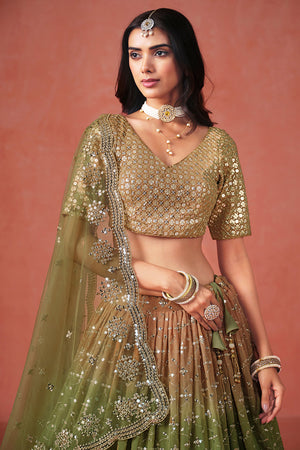 Brown Floral Sequin Georgette Lehenga