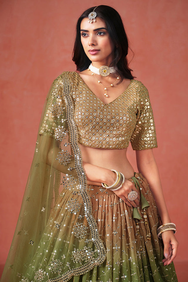 Brown Floral Sequin Georgette Lehenga