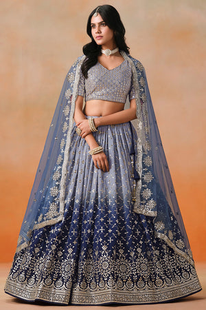 Navy Blue Floral Sequin Georgette Lehenga