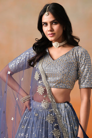 Navy Blue Floral Sequin Georgette Lehenga