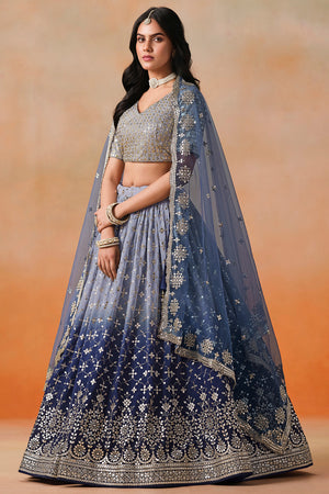 Navy Blue Floral Sequin Georgette Lehenga