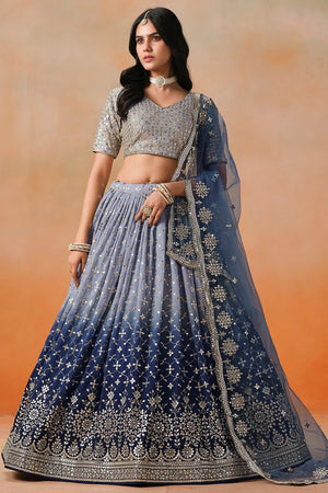 Navy Blue Floral Sequin Georgette Lehenga