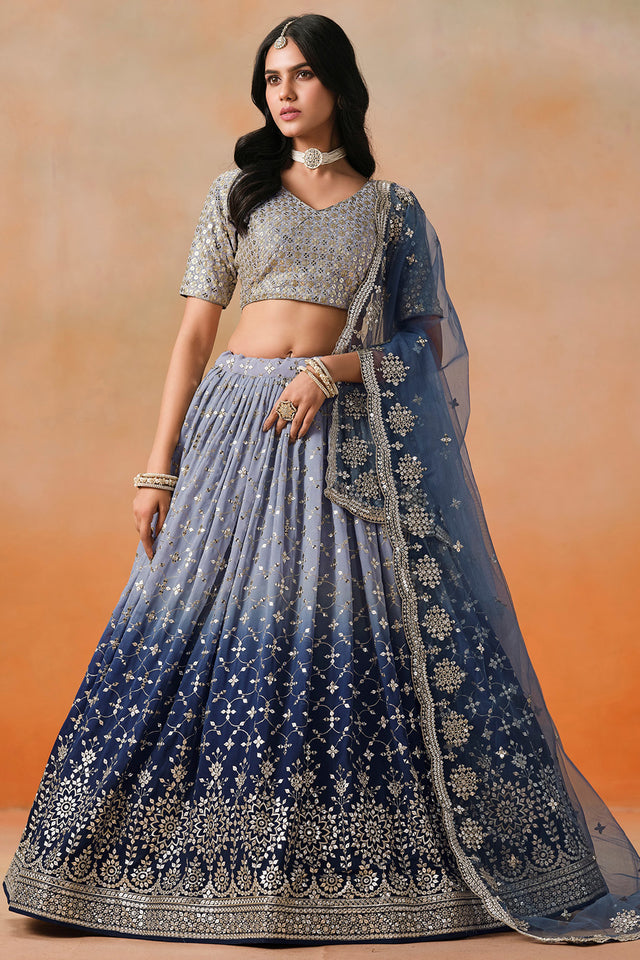 Navy Blue Floral Sequin Georgette Lehenga