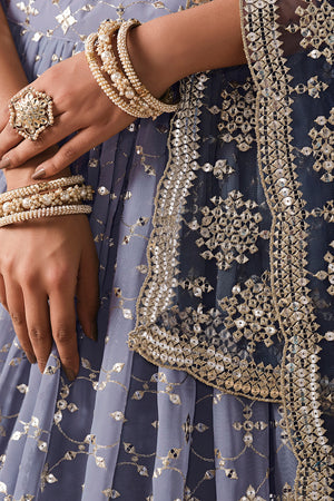 Navy Blue Floral Sequin Georgette Lehenga