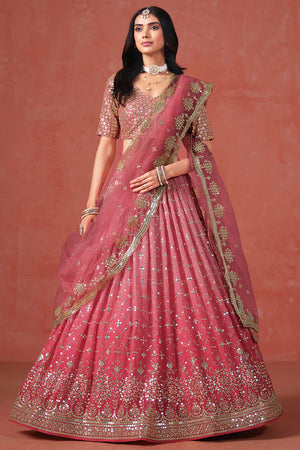 Peach Floral Sequin Georgette Lehenga