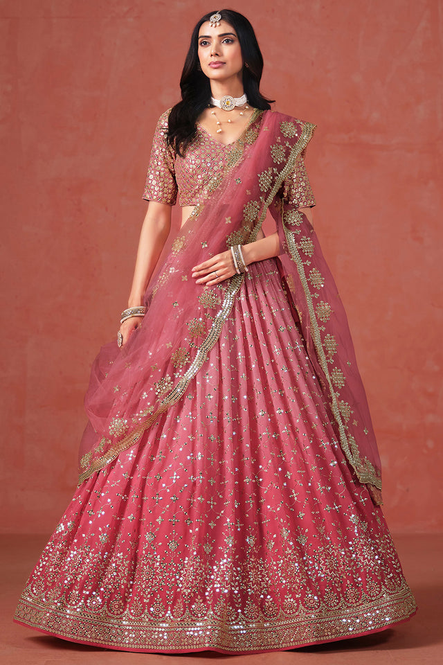 Peach Floral Sequin Georgette Lehenga