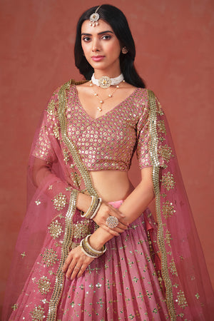 Peach Floral Sequin Georgette Lehenga