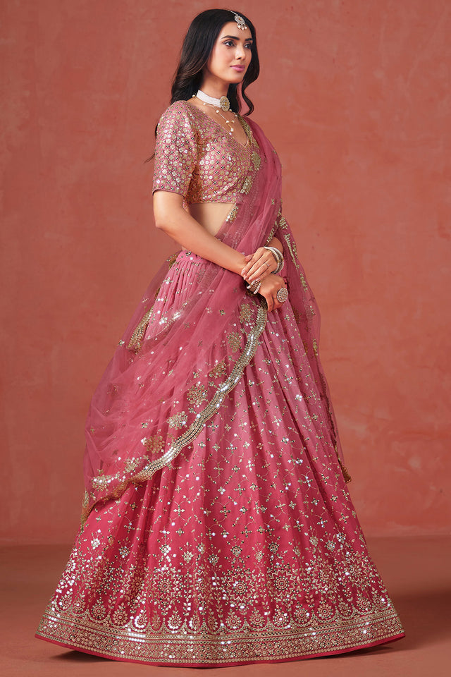 Peach Floral Sequin Georgette Lehenga