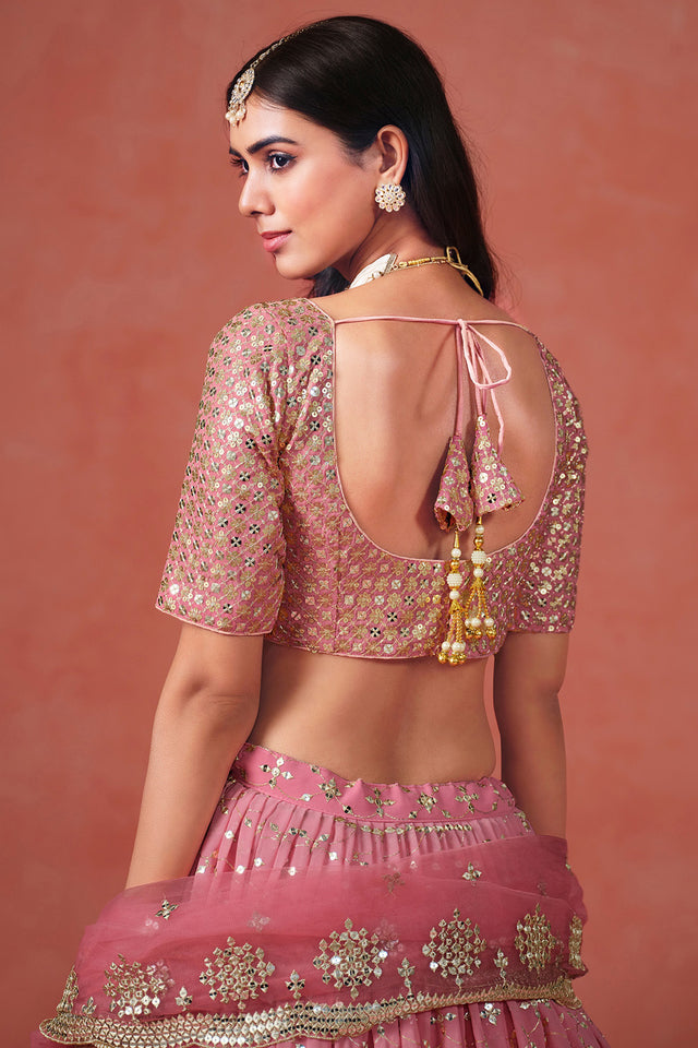 Peach Floral Sequin Georgette Lehenga