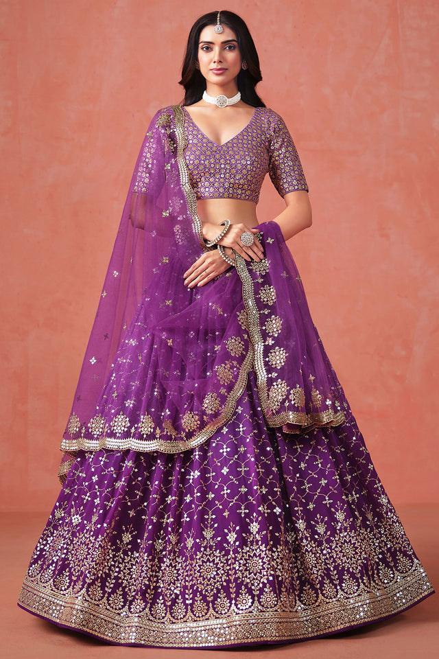 Violet Floral Sequin Georgette Lehenga