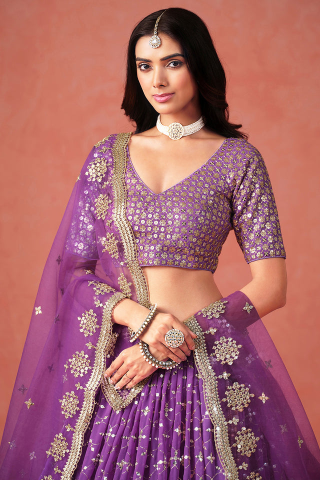 Violet Floral Sequin Georgette Lehenga
