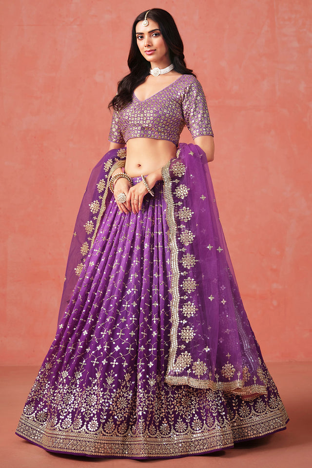 Violet Floral Sequin Georgette Lehenga