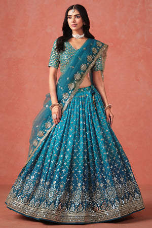 Turquoise Floral Sequin Georgette Lehenga