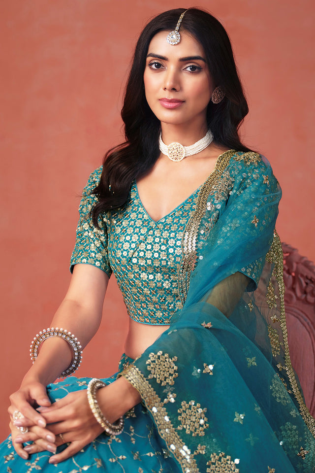 Turquoise Floral Sequin Georgette Lehenga