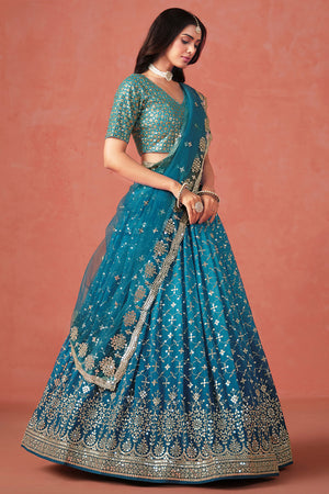 Turquoise Floral Sequin Georgette Lehenga