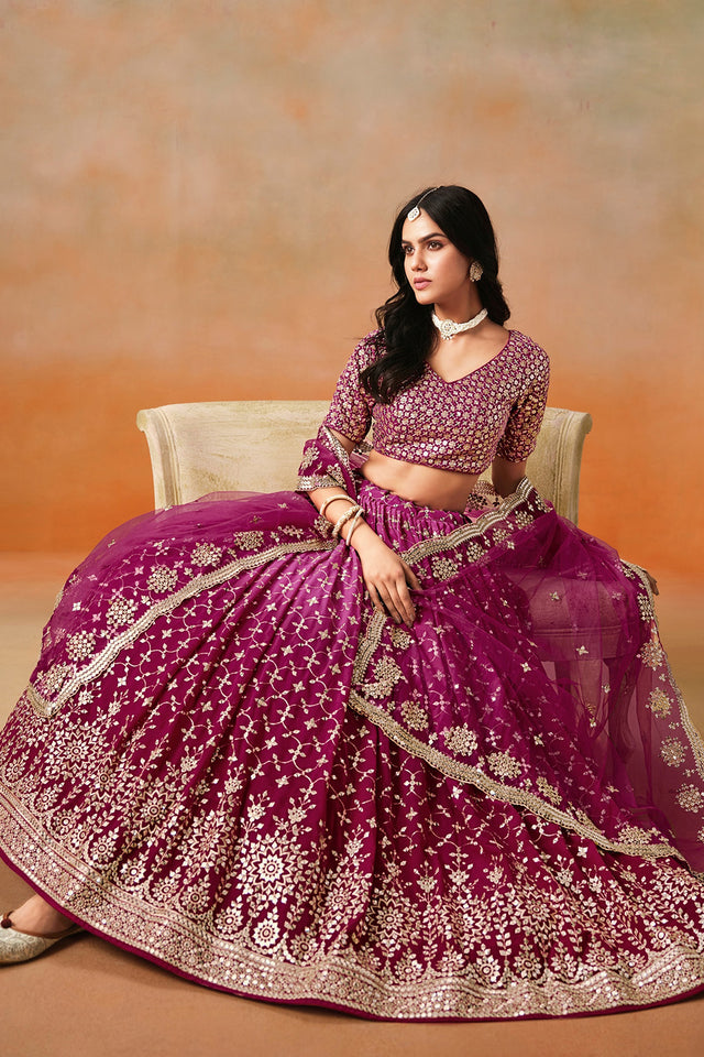 Multi Color Floral Sequin Chinon Silk Lehenga