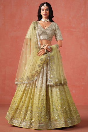Yellow Floral Sequin Chinon Silk Lehenga