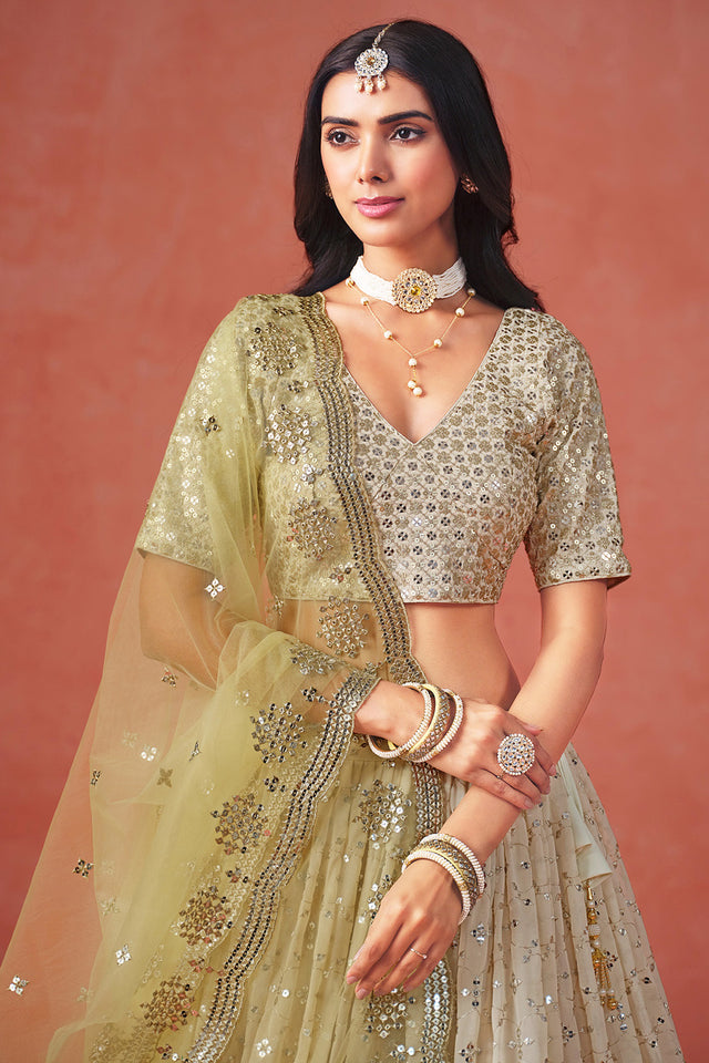 Yellow Floral Sequin Chinon Silk Lehenga