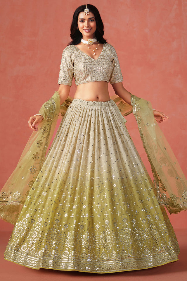 Yellow Floral Sequin Chinon Silk Lehenga