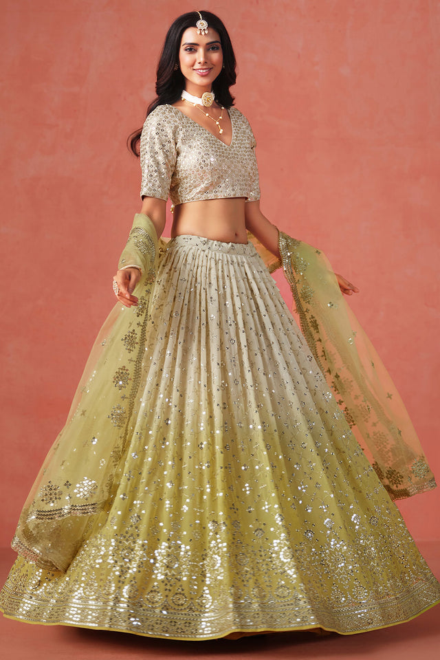 Yellow Floral Sequin Chinon Silk Lehenga