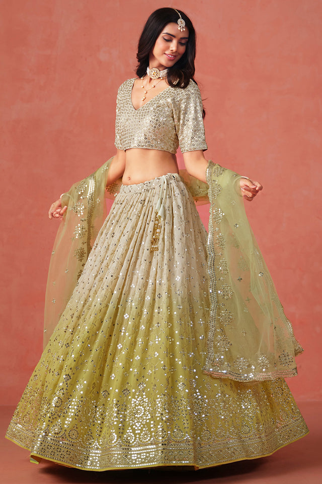 Yellow Floral Sequin Chinon Silk Lehenga