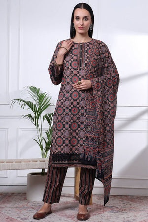 Black Ethnic Motifs Printed Cotton Straight Cut Suit Set