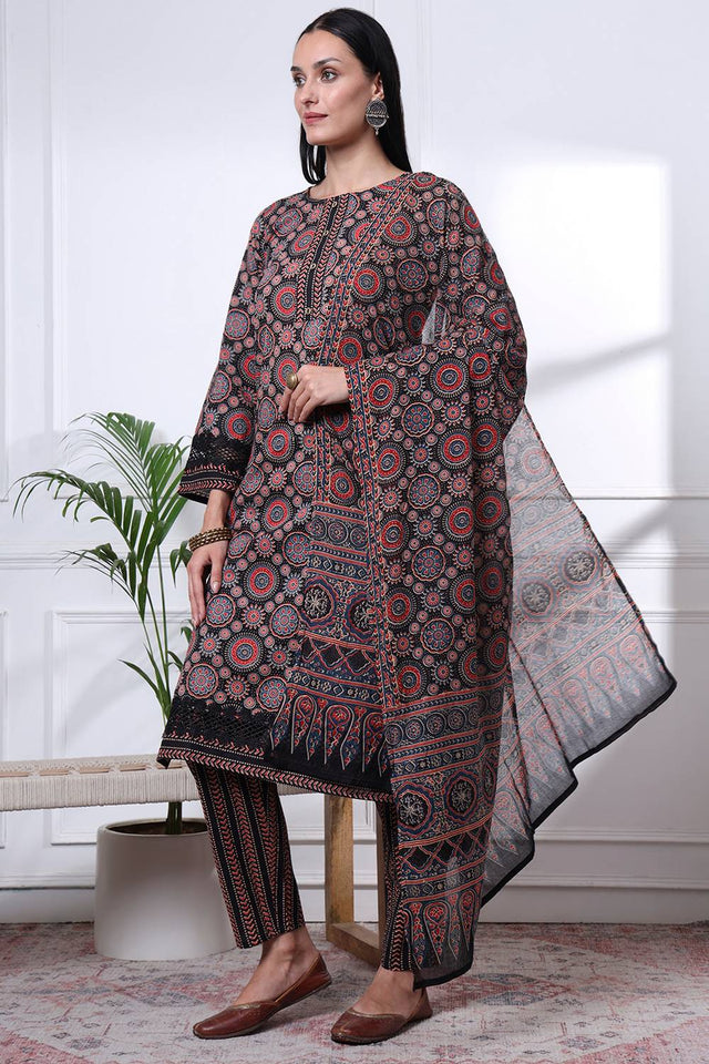 Black Ethnic Motifs Printed Cotton Straight Cut Suit Set