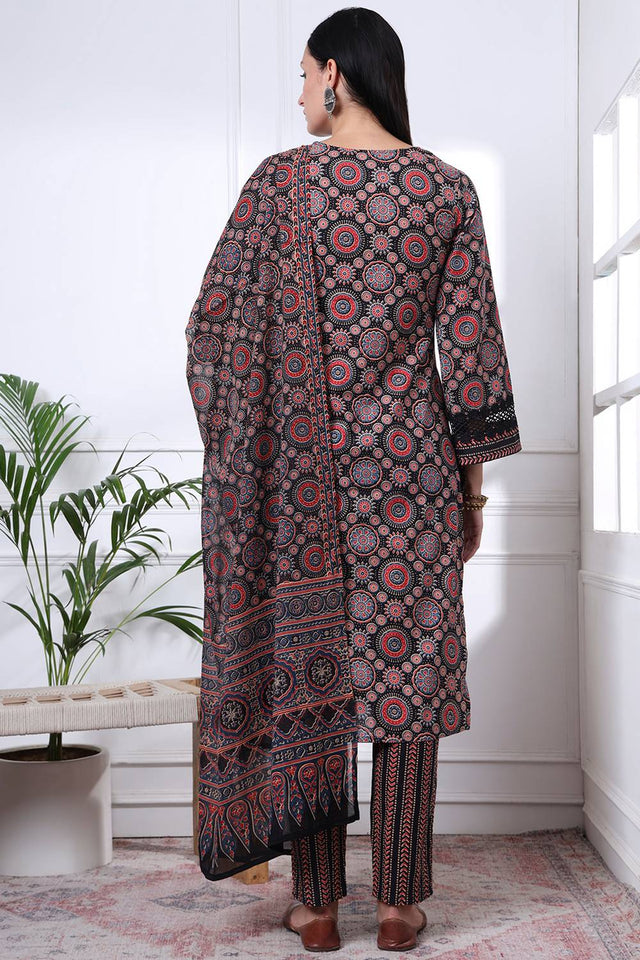 Black Ethnic Motifs Printed Cotton Straight Cut Suit Set