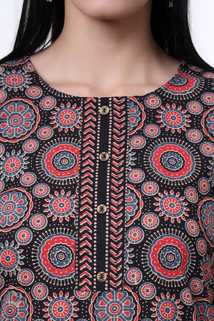 Black Ethnic Motifs Printed Cotton Straight Cut Suit Set
