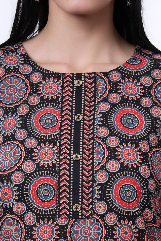 Black Ethnic Motifs Printed Cotton Straight Cut Suit Set