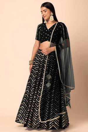 Black Sequin Georgette Lehenga (7094-Black)