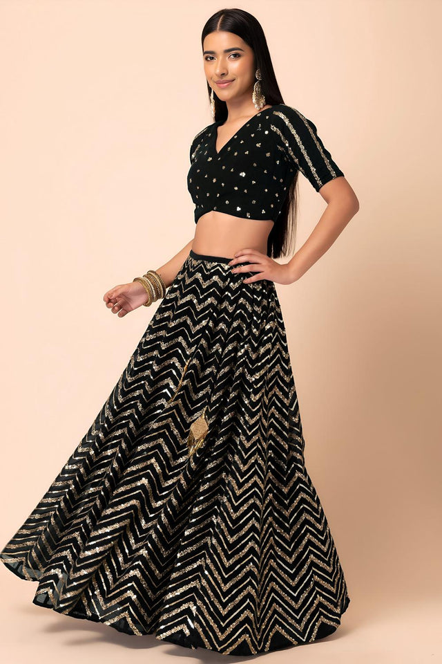 Black Sequin Georgette Lehenga (7094-Black)