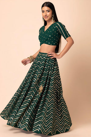 Green Sequin Georgette Lehenga (7094-Green)