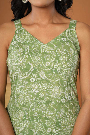 Green Floral Print Cotton Kurti Pant Set