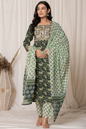 Green Paisley Printed Cotton Straight Cut Suit Set