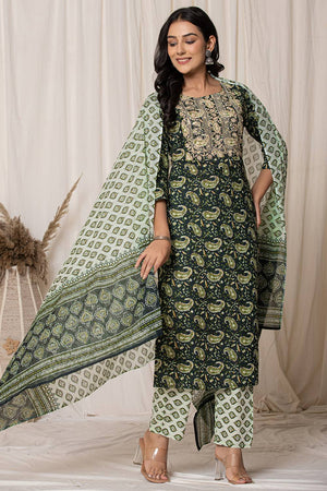 Green Paisley Printed Cotton Straight Cut Suit Set