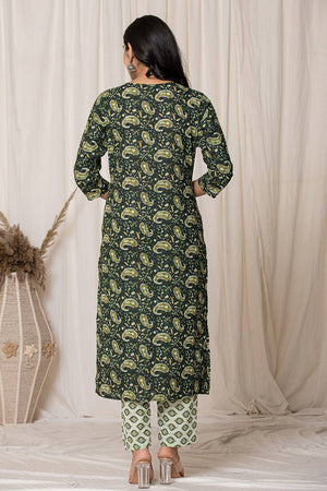 Green Paisley Printed Cotton Straight Cut Suit Set
