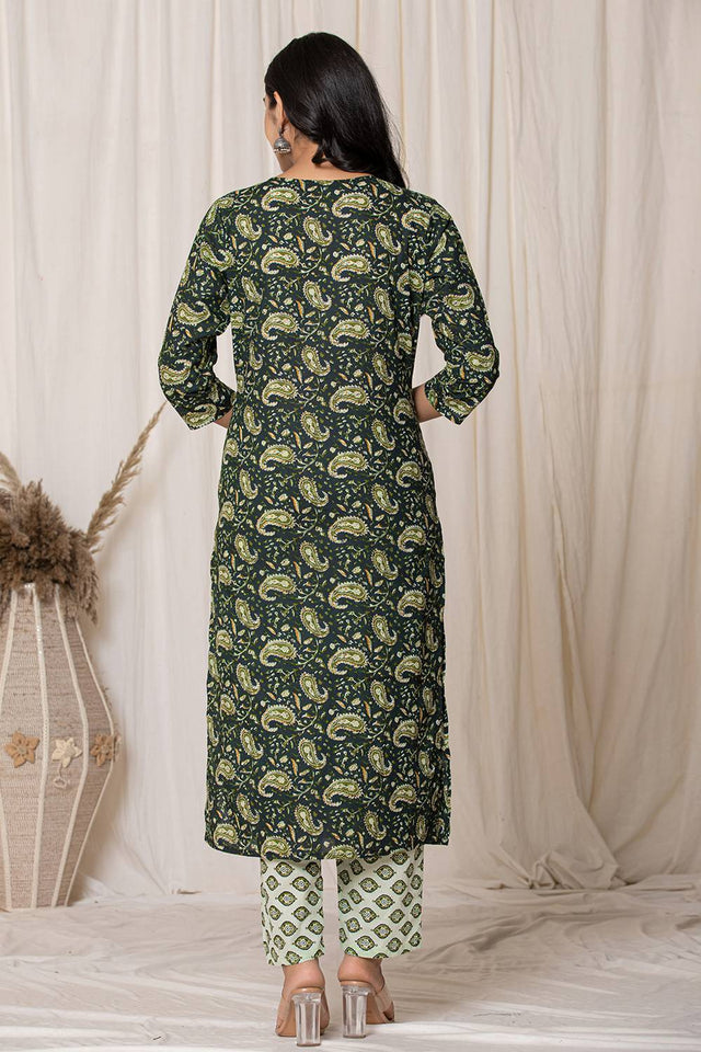 Green Paisley Printed Cotton Straight Cut Suit Set