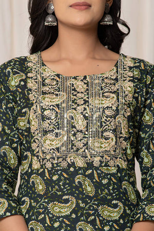 Green Paisley Printed Cotton Straight Cut Suit Set