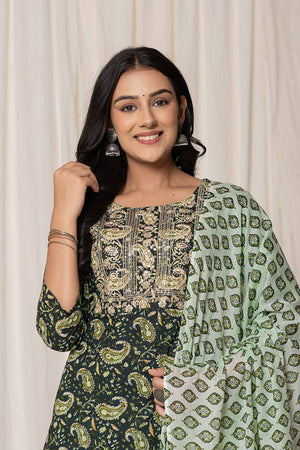 Green Paisley Printed Cotton Straight Cut Suit Set
