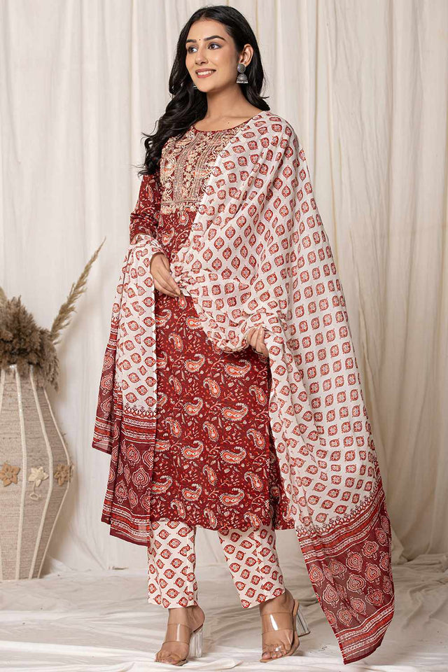 Maroon Paisley Print Cotton Kurti Pant Set