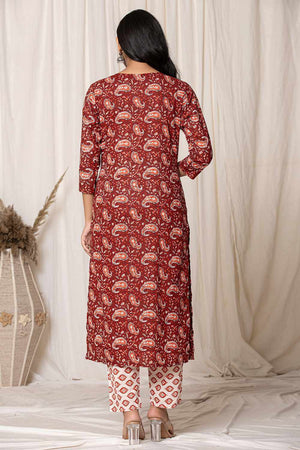 Maroon Paisley Print Cotton Kurti Pant Set