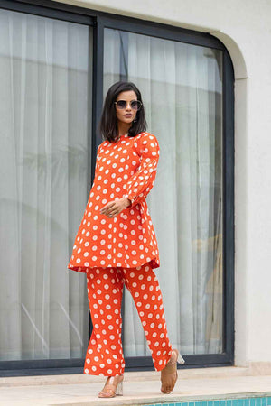 Orange Polka Dot Print Cotton Co-Ord Set