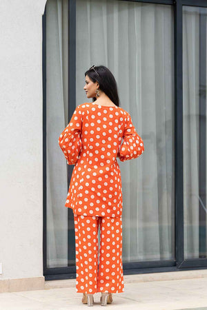 Orange Polka Dot Print Cotton Co-Ord Set