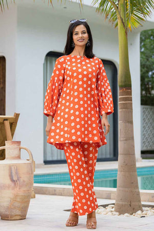 Orange Polka Dot Print Cotton Co-Ord Set
