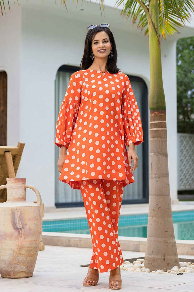 Orange Polka Dot Print Cotton Co-Ord Set