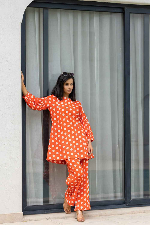 Orange Polka Dot Print Cotton Co-Ord Set