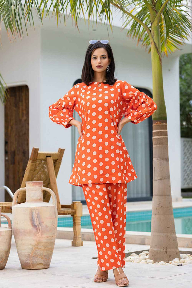 Orange Polka Dot Print Cotton Co-Ord Set