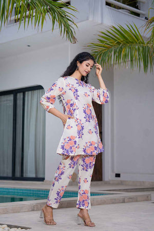 Orange Floral Print Cotton Co-Ord Set